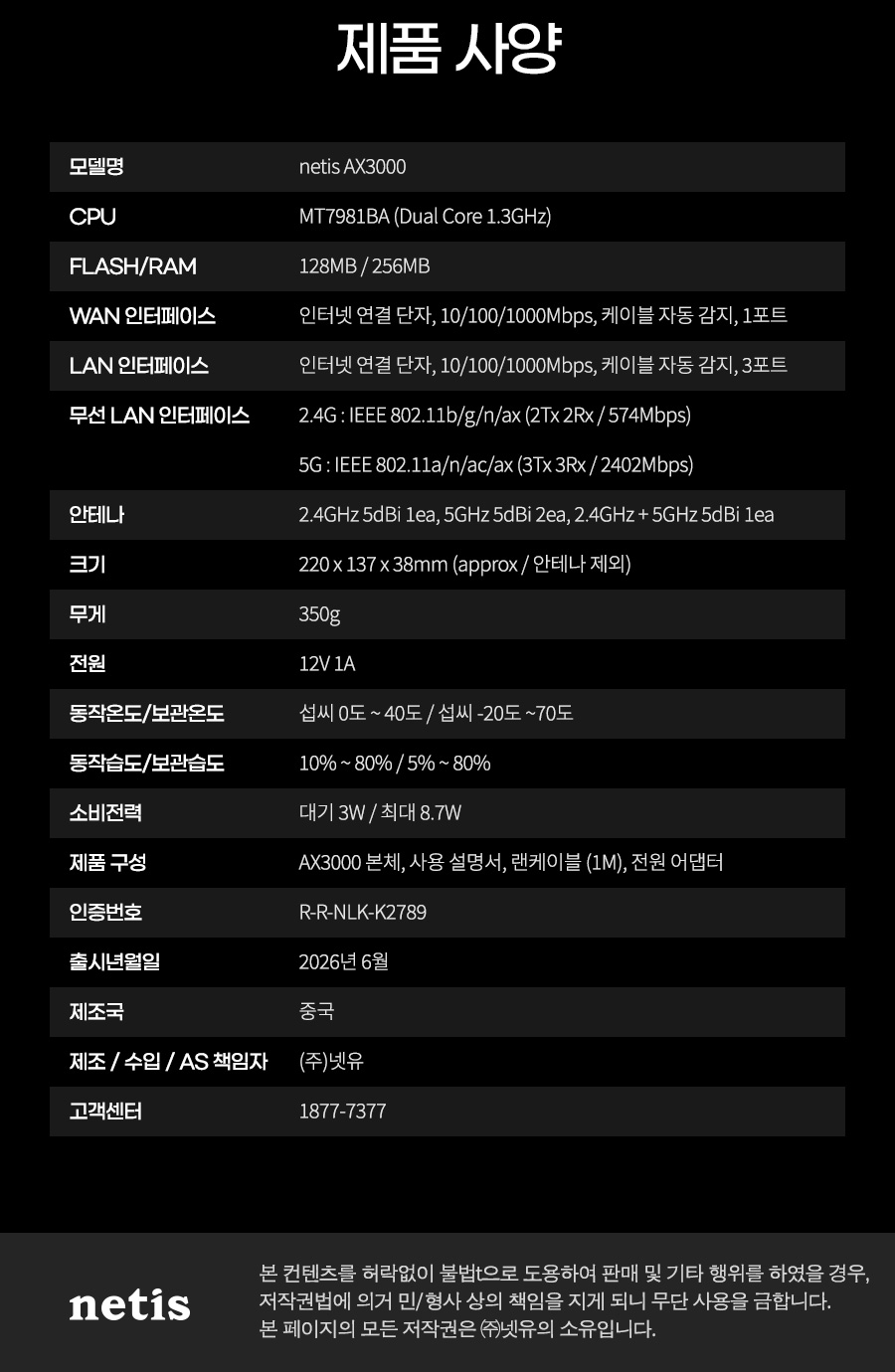 Wi-Fi 6 듀얼밴드 메쉬 와이파이 기가비트 유무선공유기 네티스 AX3000